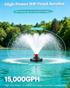 1HP Floating Pond Fountain Aerator, 15000GPH, 110V, Red | 304 Stainless Steel, Smart LCD Timer, Anti-Drift Base, 100 FT Copper Cord, Dual Fountain Nozzles
