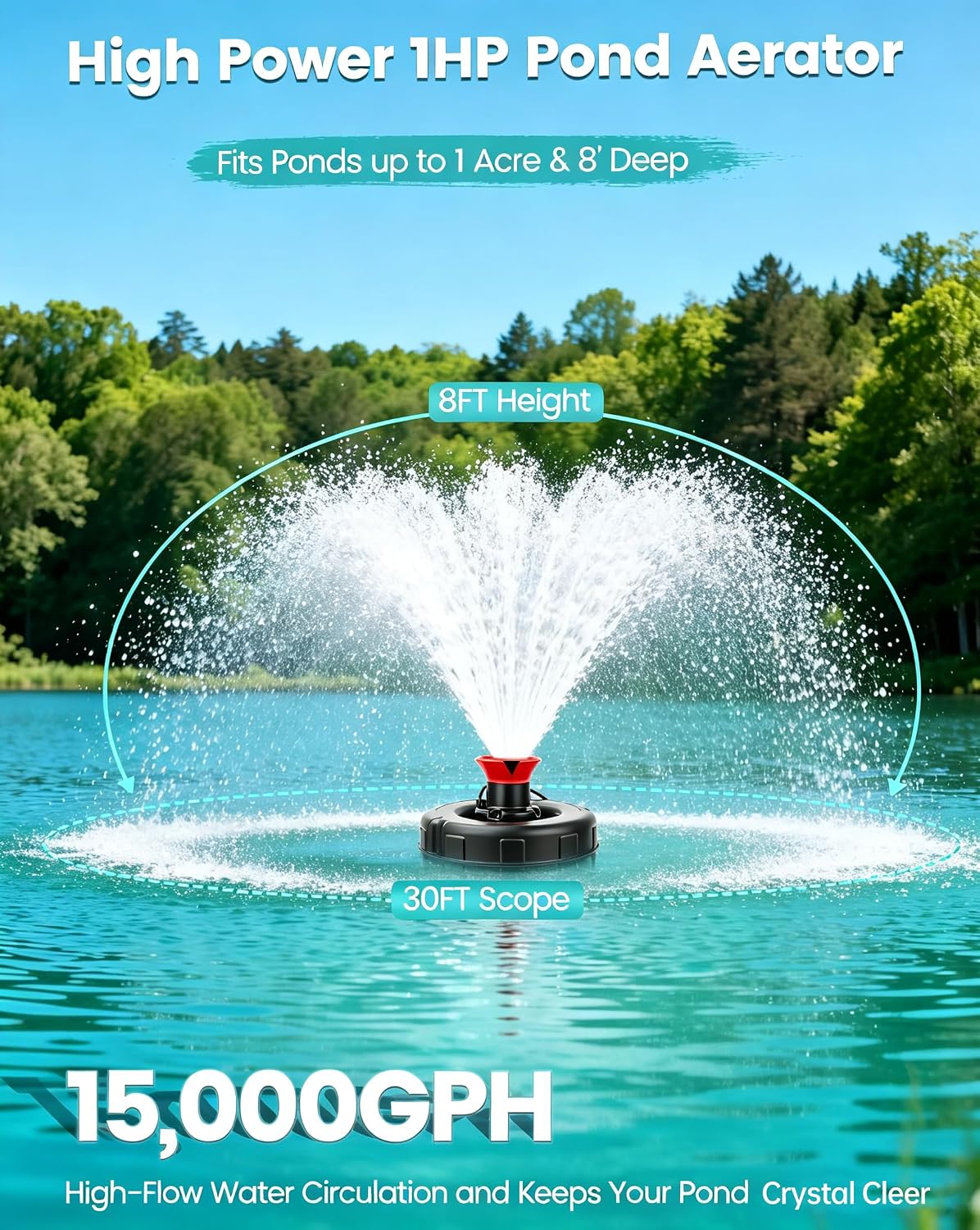 1HP Floating Pond Fountain Aerator, 15000GPH, 110V, Red | 304 Stainless Steel, Smart LCD Timer, Anti-Drift Base, 100 FT Copper Cord, Dual Fountain Nozzles