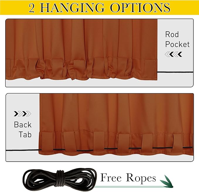 NICETOWN 2 Panels Weighted Blackout Outdoor Curtains for Patio Waterproof, Grommet & Back Tab on top and Bottom Windproof Privacy Thermal Drapes for Gazebo with Fixed Rope, W52 x L95, Burnt Orange