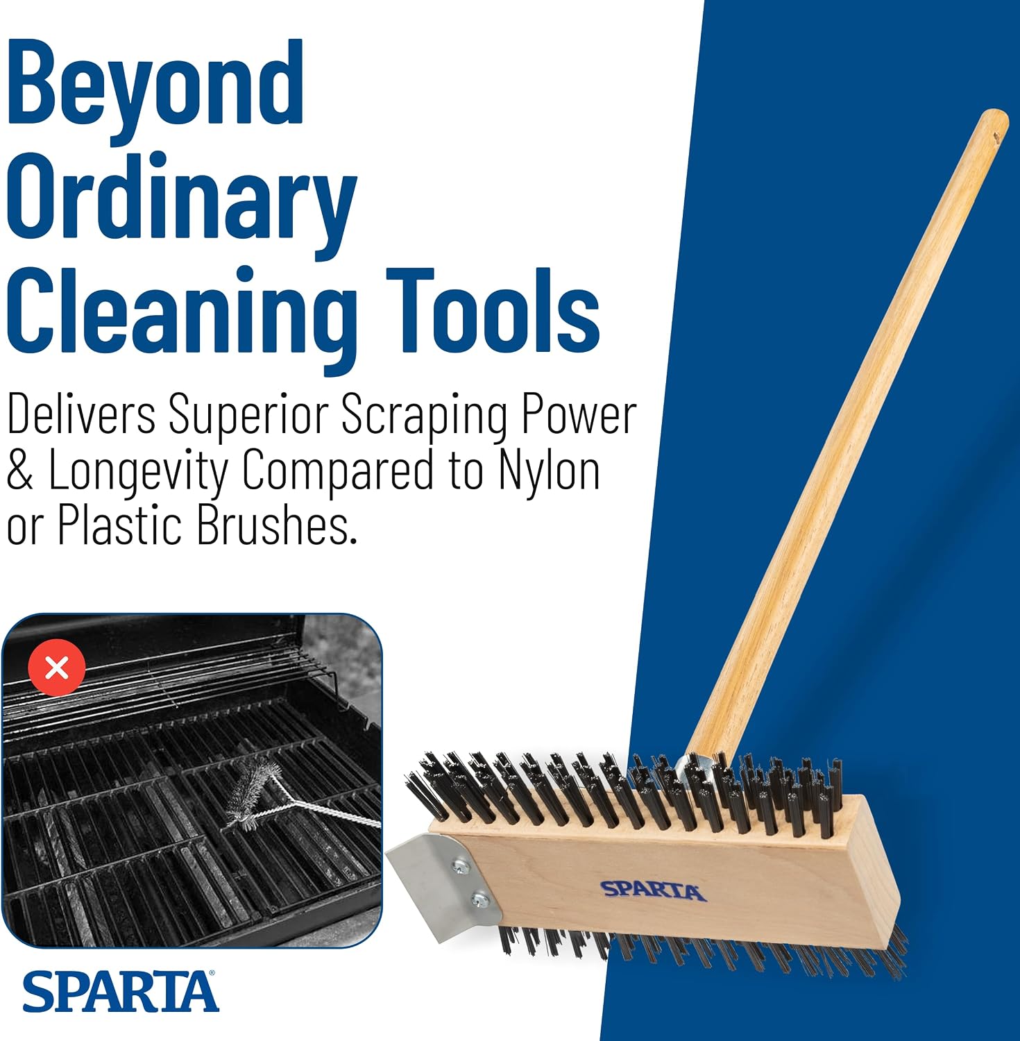 SPARTA 4002600 Stainless Steel Grill Brush, Grill Scraper With Long Handle For Commercial Cleaning, Kitchens, Restaurants, Bathrooms, 30 Inches, Brown