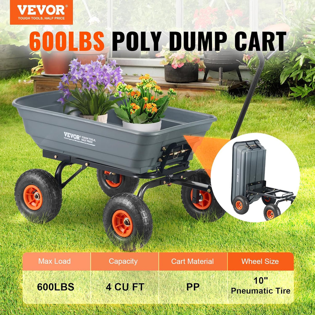 vevor poly garden dump cart 4 cu.ft. 600 shown in use