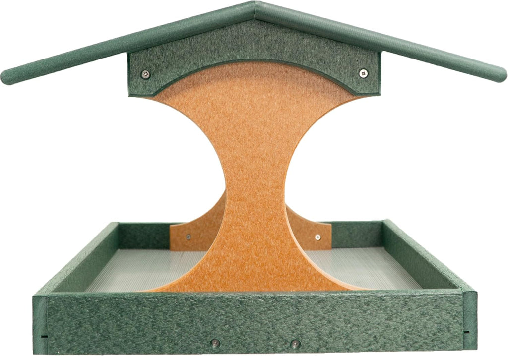 DutchCrafters Amish USA Made Poly Extra Large Fly Through Bird Feeder Post Mount for 4" x 4", Covered Bird Feeder Open Platform Seed Tray for Outdoor, Outside, Garden, Yard (Turf Green & Cedar)