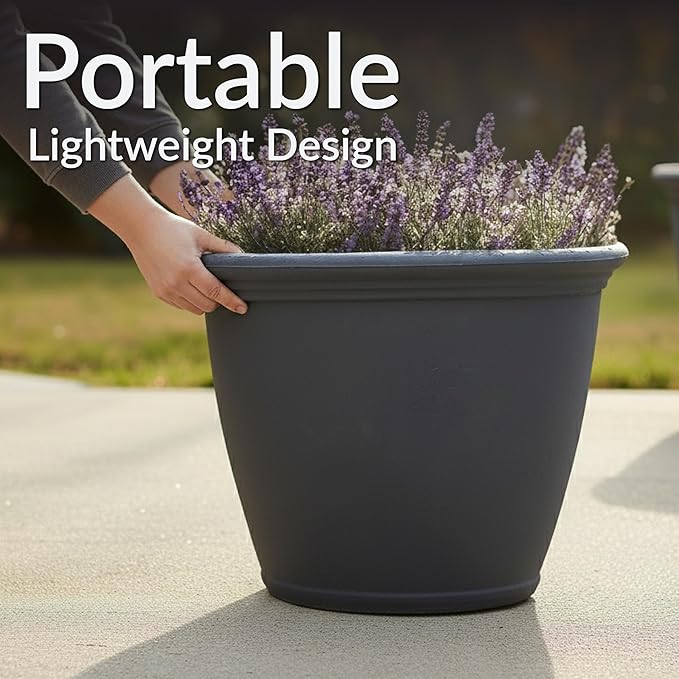 Sunnydaze 20-Inch Anjelica Large Plastic Pot for Plants - Outdoor Double-Walled Large Plastic Planter with Drillable Drainage Holes - Slate - 4pk