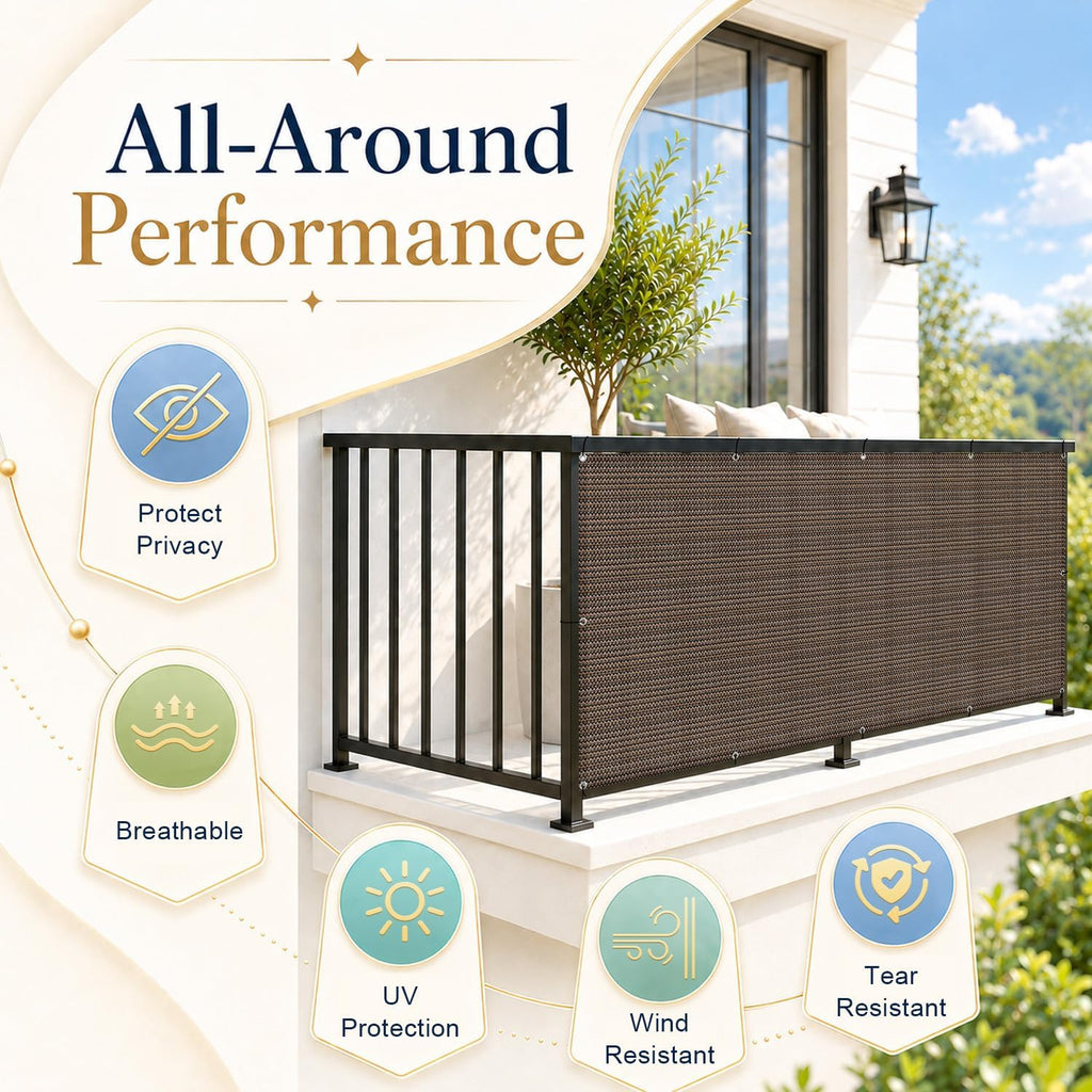 3' x 16' brown balcony privacy screen shown in use