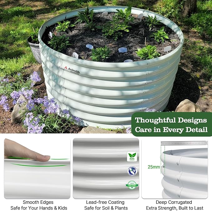 A ANLEOLIFE Set of 6 24 Inch Tall Antique White Raised Garden Beds Kit, Oval & Round Metal Planters – Ideal for Backyard Vegetables Flowers Herbs