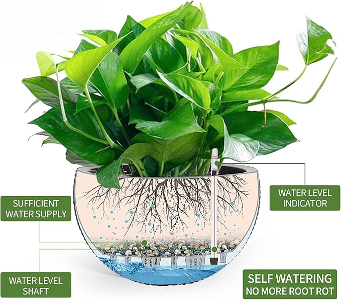 Dexceder 10.5 Inch Large Self Watering Hanging Planters Indoor Outdoor, Thickened Hanging Basket Flower Plant Pot with Water Level Indicator (Gray)