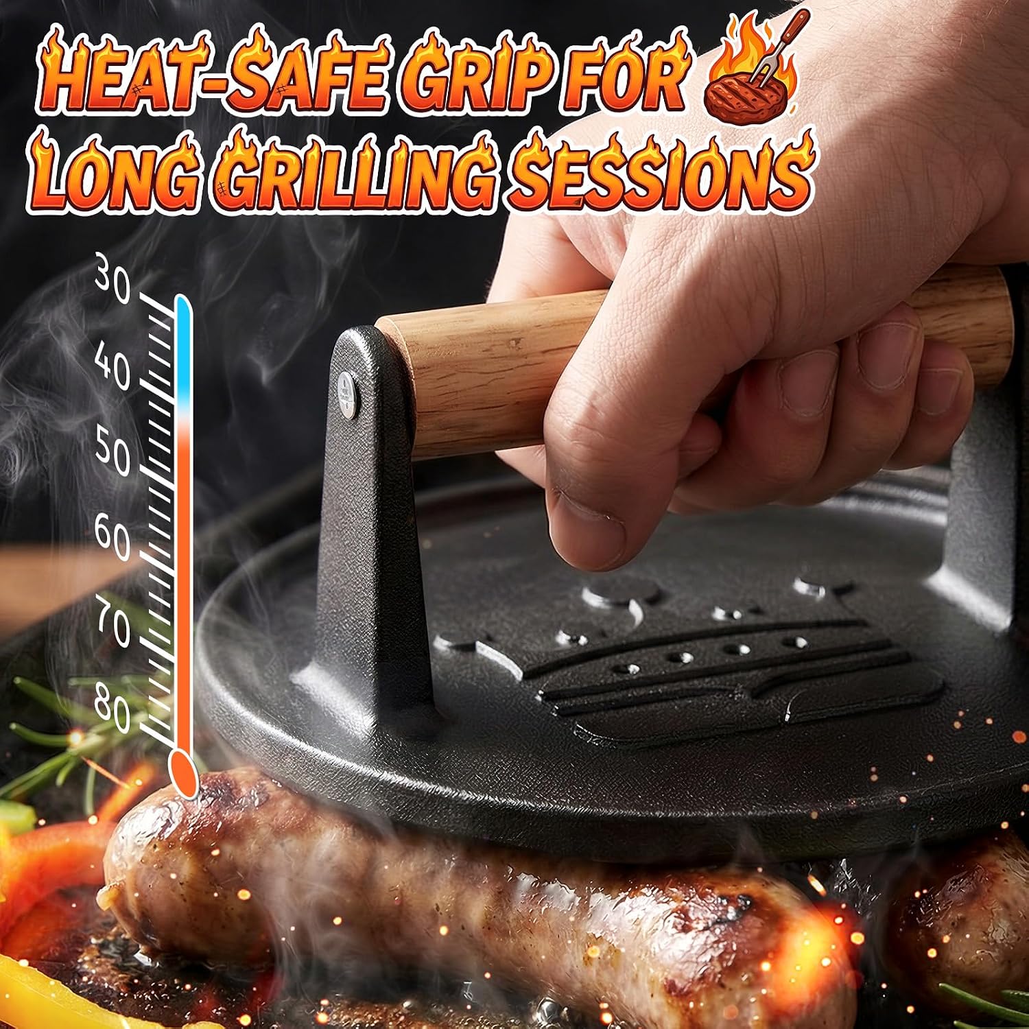 Smash Burger Press 6.5",Cast Iron Flat Round Burger Smasher, Gift | 2lb Heavy-Duty Grill Bacon Meat Press with Wood Handle,Nonstick hamburger Smasher for griddle accessories,BBQs and Tailgates