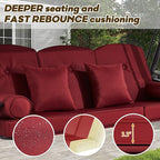 3 in 1 Outdoor Porch Swing with Adjustable Canopy, 3 Seat Outdoor Swing for Adults, Patio Swing Chair with Thickened Cushions,Pillows & Cup Holders for Backyard, Porch, Garden (Wine Red)