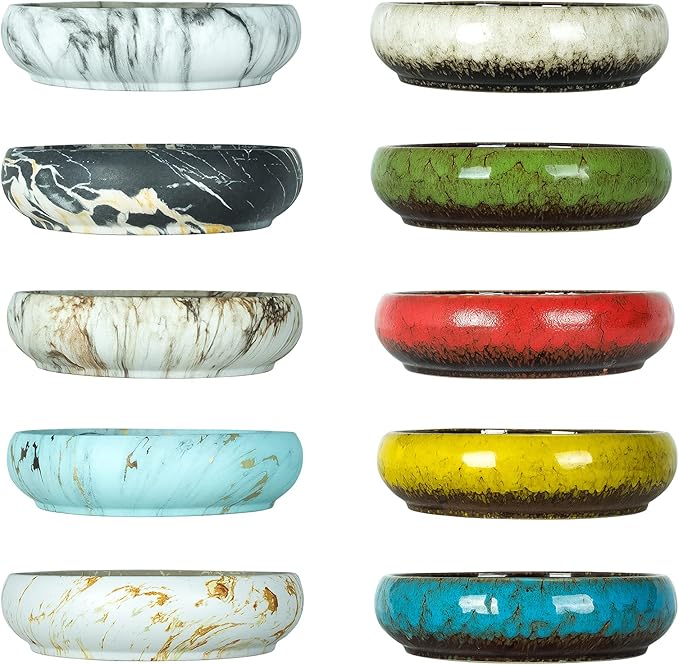 Succulent Pots, 10 Inch Large Succulent Planter Pots with Drainage - Ceramic Marble Bonsai Pot with Stand Shallow Planter for Cactus Flower Plants Plus Succulent Planting Tools Set & 2.2lb Mix Pebbles