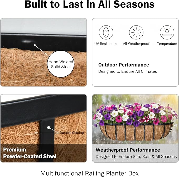 30“ Window Box Railing Planter with Coco Liner Metal Wall-Mounted Coconut Liner Planter Basket English Horse Trough Planters for Outdoor Deck Balcony Porch Fence Patio Black (2 Pack)