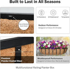 36“ Window Box Railing Planter with Coco Liner Metal Wall-Mounted Coconut Liner Planter Basket English Horse Trough Planters for Outdoor Deck Balcony Porch Fence Patio Black (2 Pack)