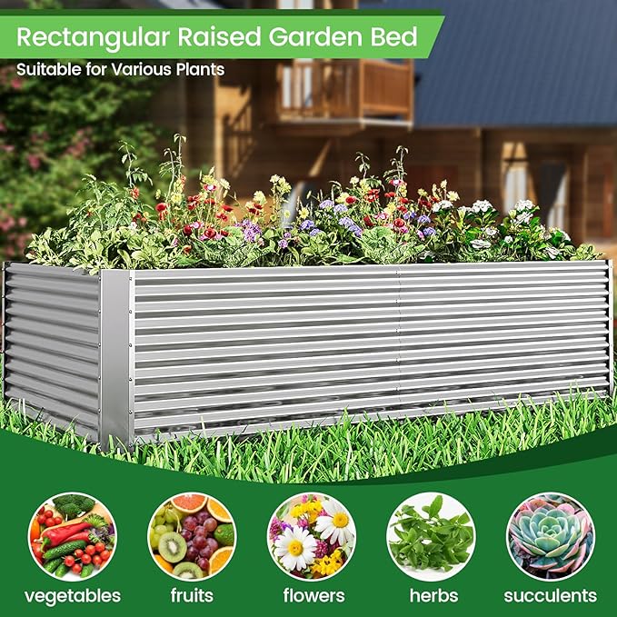 FRIZIONE 2pcs Tall 8x3ft Galvanized Raised Garden Bed Outdoor,Above Ground Garden Bed for Vegetable,Metal Raised Beds for Flower,Steel Raised Beds for Gardening