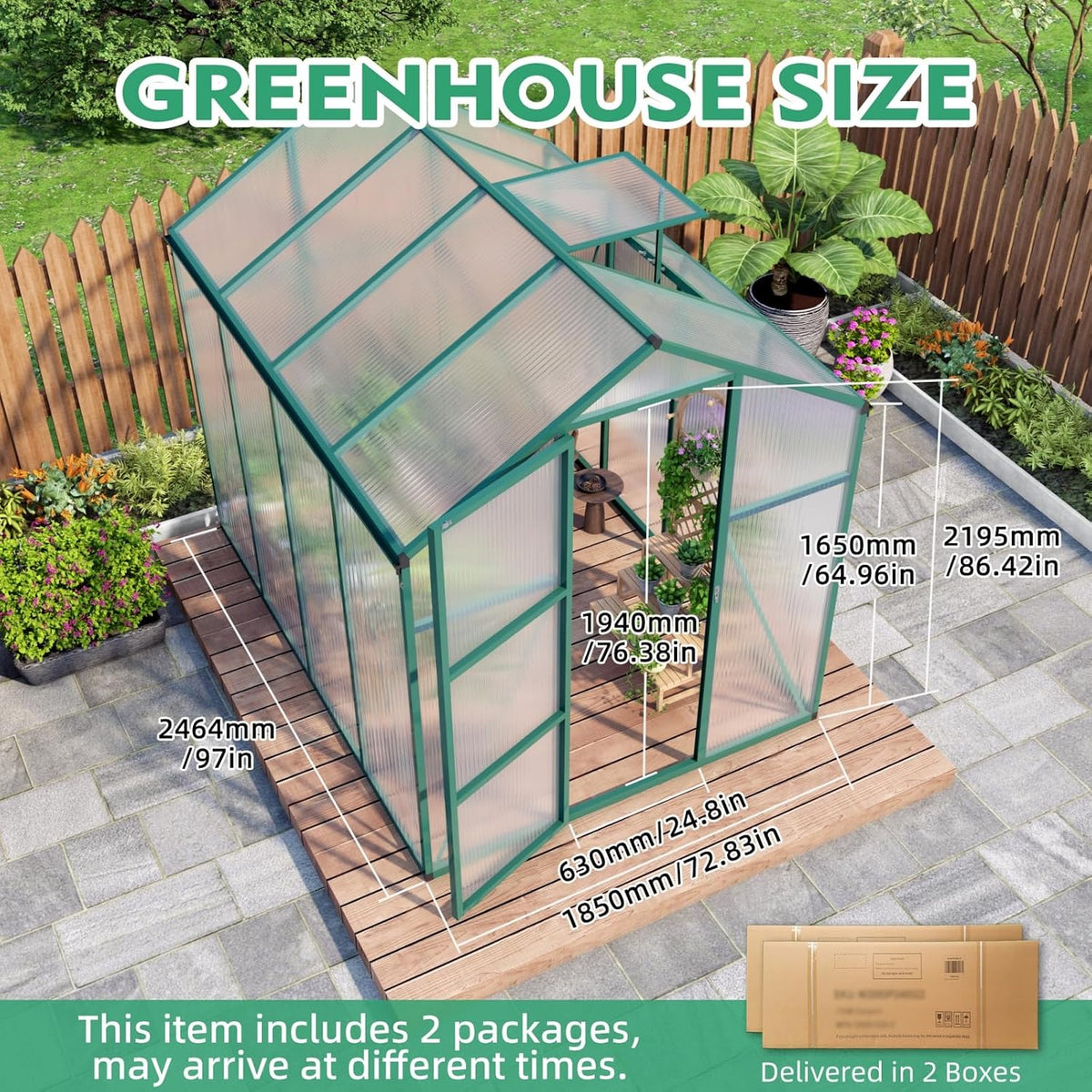 6x8 ft greenhouse, walk-in heavy duty polycarbonate outdoor, side view
