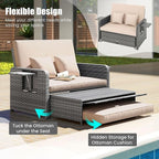 LDAILY Moccha Outdoor Daybed, Wicker Loveseat Sofa Set with 4-Postion Adjustable Backrest, Storage Ottoman, Cushions, Rattan Double Bed Lounger, Patio Furniture Set (Mixed Gray+Beige)