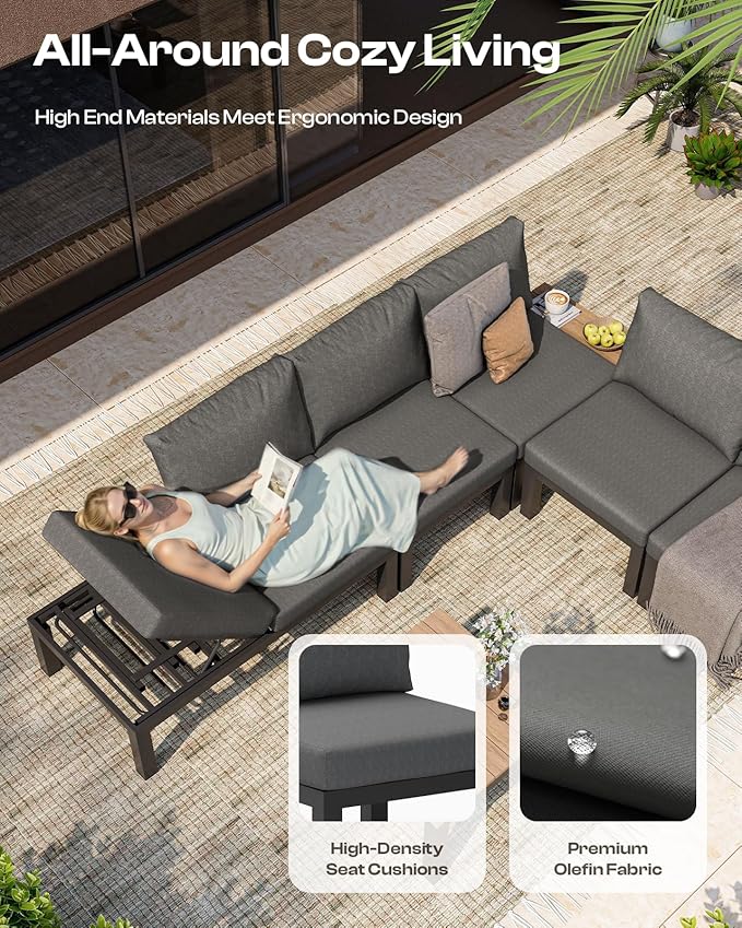 Aluminum Modular Outdoor Patio Furniture Set, 6 Seats Sectional Sofa Set with Adjustable Backrest & Thick Cushions, All-Weather L-Shaped Corner Set with Table for Garden & Yard, Graphite