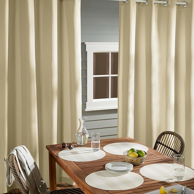 TOWN & COUNTRY BASICS Cabana Solid Heavyweight Indoor Outdoor Curtains, Light Filtering Opacity with Grommet Top, Water Repellent, 54"x96", Natural (Pack of 12)