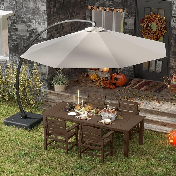 5-Piece Brown Outdoor Dining Set with White 11FT Large Patio Umbrella, 75.2'' HDPE Table & Chairs for 8, Weather-Resistant Furniture with Umbrella Hole for Patio, Lawn, Poolside