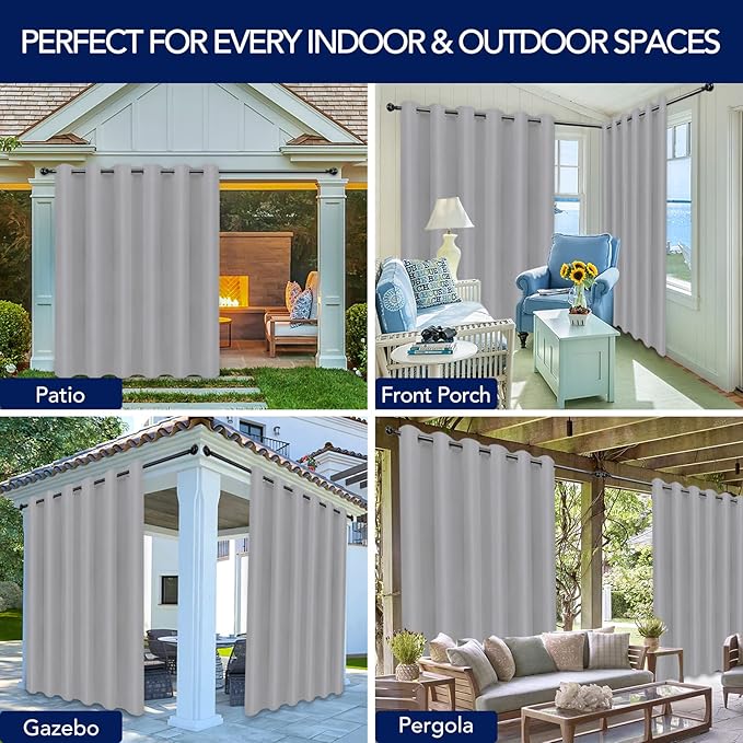 PureFit Outdoor Curtains for Patio Waterproof Weatherproof, UV and Fade Resistant Outside Curtains for Gazebo, Front Porch, Pergola, Sun Blocking Privacy Curtain, 100W x 120L inch, 1 Panel, Light Gray