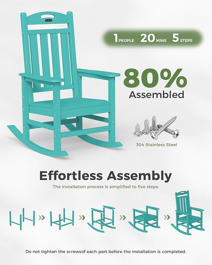 Oversized Outdoor Rocking Chair Set of 2, HDPE All-Weather Patio Rocking Chairs, High Back Outdoor Rocker for Porch, Patio, Lake Blue