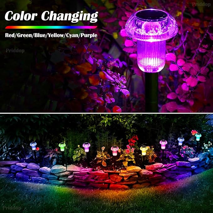 Solar Lights Outdoor Pathway Waterproof 12 Pack Color Changing LED Acrylic Mushroom Decorative Garden Lights for Yard Landscape Patio Outside Decorations
