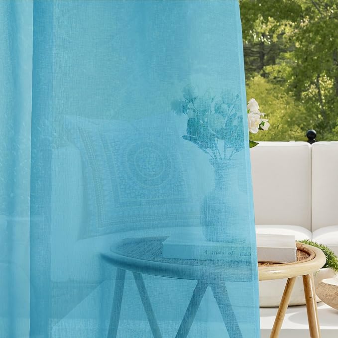 RYB HOME Outdoor Sheer Curtains Waterproof for Patio, Linen Look Semi Transparent Airy Drapes Sun Light Filter for Cabana Pavilion Balcony, 54 inch Wide by 96 inch Long, 2 Pcs, Teal