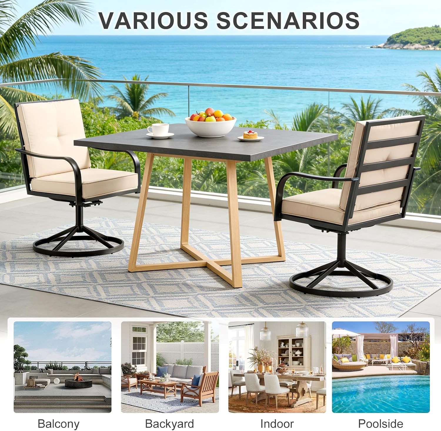 Patio Swivel Chairs Set of 2 Outdoor Swivel Chairs, Beige | Thickened Cushions, All Weather Metal Frame, Comfort Outdoor Height, Sturdy Stable Base, for Garden Lawn Porch, Easy to Clean