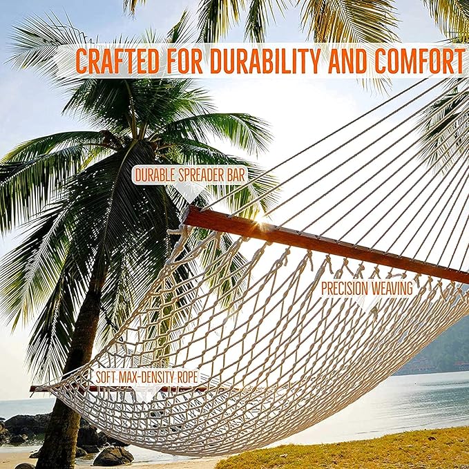 Castaway Living 13 ft. Double Traditional Hand Woven Navy Polyester Rope Hammock – 2-Person, 450 lb Capacity, Free Extension Chains & Tree Hooks, Designed in The USA