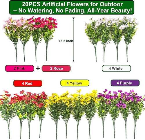 20 Bundles Artificial Flowers for Outdoors, UV Resistant Fake Plants Flowers Greenery Shrubs Plants for Decoration Outside Plants Hanging Planter Home Garden Decor (Mix（6 Color）)