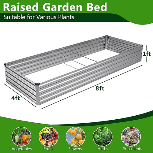 2PCS 8x4x1ft Galvanized Raised Garden Bed Kit,Metal Planter Box for Vegetables,Flowers,Herbs Durable Rust-Resistant Patio Gardening Beds,Silver