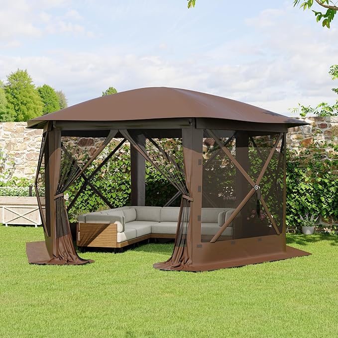 13x13FT 6-Sided Pop Up Gazebo Tent，One-Push Setup Canopy Tent with Removable Canopy Top & Wind Cloths, Outdoor shelter for Camping, Backyard Parties, Outdoor Events - Beige & Khaki