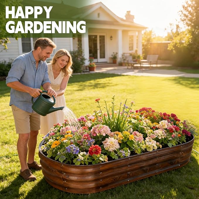 Galvanized Raised Garden Bed Outdoor, Large Raised Bed for Gardening, 6x3x1ft Oval Metal Planter Box for Vegetables, Fruits, Flowers, Dark Brown Wood Grain