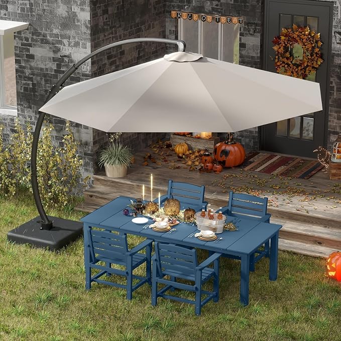 5-Piece Navy Blue Outdoor Dining Set for 4, 75.2'' HDPE Table with Umbrella Hole & Chairs, Weather-Resistant Patio Furniture for Garden, Lawn, or Poolside