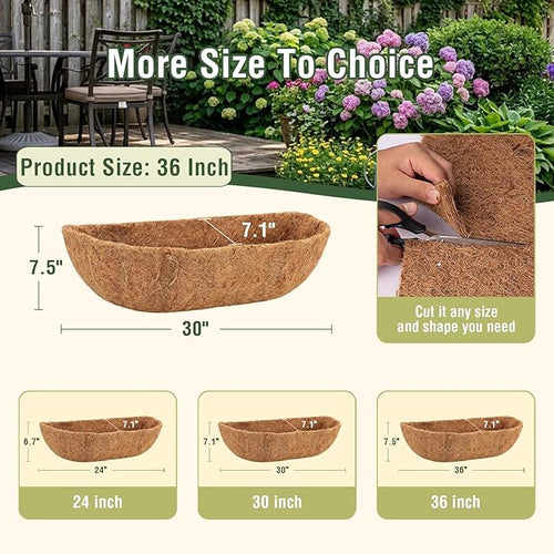 2 Pcs 36 Inch Trough Coco Liner for Window Box, 100% Natural Half Moon Coconut Coir Planter, Replaceable Coconut Fiber Liner for Window Boxes & Fence Flower Baskets (2, 36 inch)