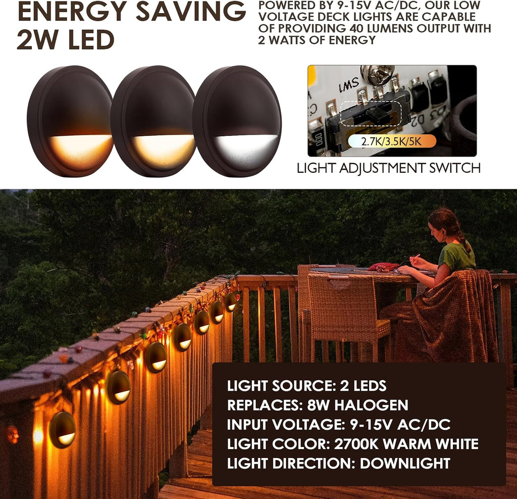 LED Low Voltage Deck Lights Outdoor Waterproof,6-Pack 3CCT Deck Lighting Fixtures Landscape Step,3W,12V-24V AC/DC Die-cast Aluminum Housing Fence Lamp Wired 2700K/3500K/5000K (Brown)