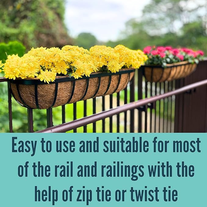 LaLaGreen Deck Railing Planter Boxes - 4 Pack, 36 Inch Long Window Flower Box Attach to House, Wall Planters for Outdoor Plants with Coco Liners English Horse Trough Fence Balcony Garden Porch Rail