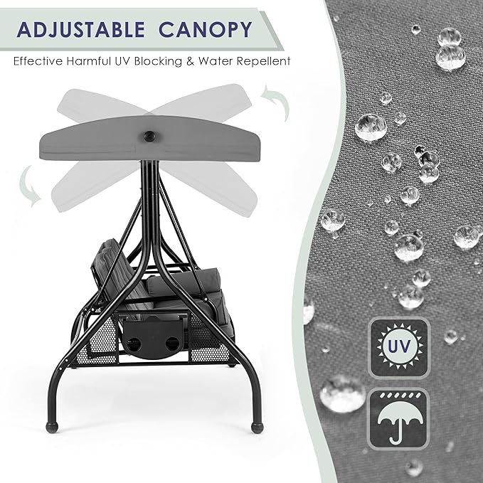 HOMREST 3 Seat Outdoor Porch Swing with 1.5" Deep Cup Holder, Adjustable Canopy,Patio Swing Bed with Stand, Patio Glider Swing with Thicken Cushions, Pillow（Grey）