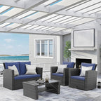 Wisteria Lane 4 Piece Patio Furniture Set, Wicker Outdoor Patio Conversation Furniture Set, All Weather Outdoor Patio Sofa with Cushion and Glass Table, Blue