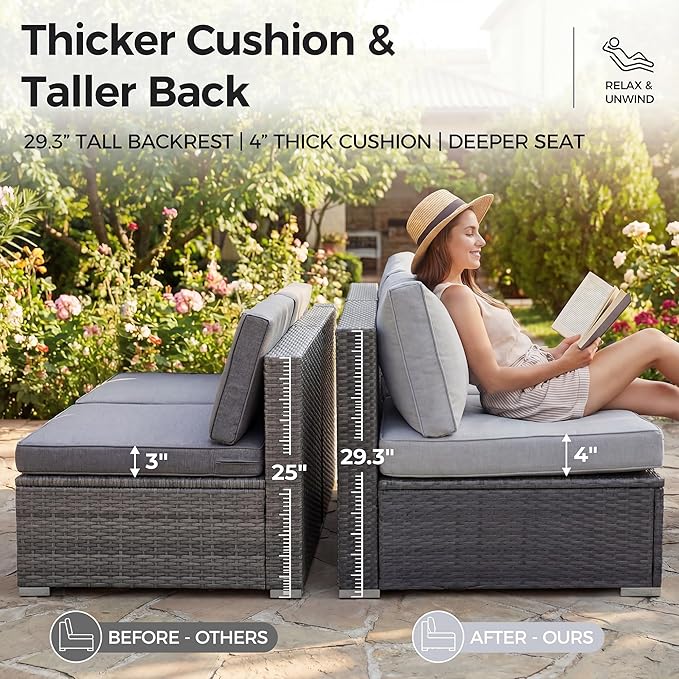 NICESOUL 11 Piece Modern Outdoor Furniture Sofa Set, 29.3'' High Back Comfy Sectional L-Shaped, Extra Large Wicker Patio Sofa Couches for 9 Person, Deep Wide Seating All-Weather Conversations, Grey