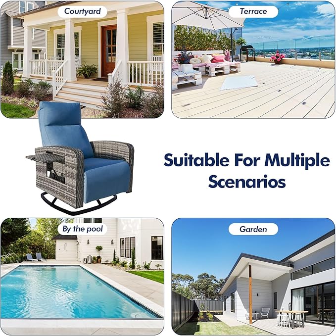 Outdoor Recliner Chair, Wicker Patio Recliners with Adjustable Backrest and Extended Foot Rest, Reclining Patio Chairs with Flip Table & Removable Cushion Cover for Porch