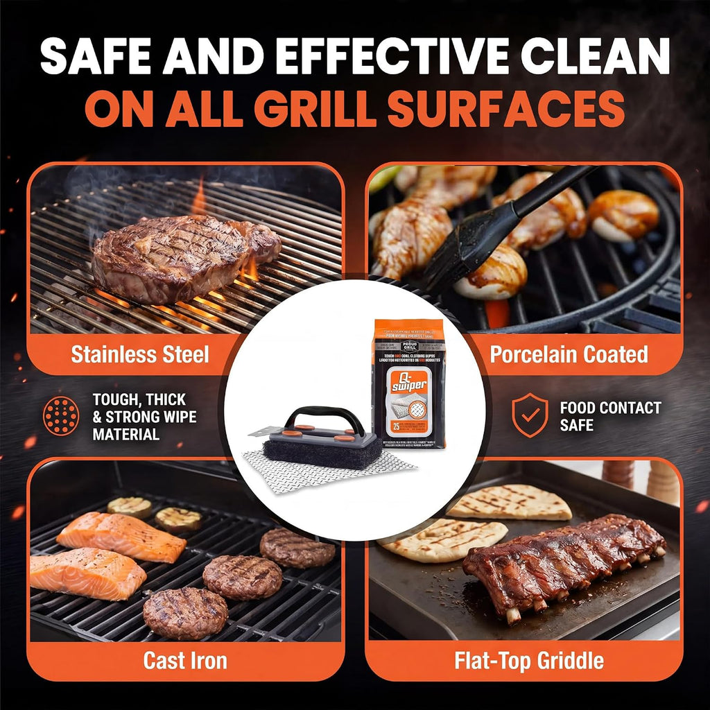 Proud Grill Q-Swiper Easy-Clean Grill Cleaner Set, Grate Cleaning Solution | Set -1 Bristle-Free Brush with Scraper & 25 Moist Cleaning Wipes, Grease & Grime Remover for Outdoor Grilling, Safe on Grills