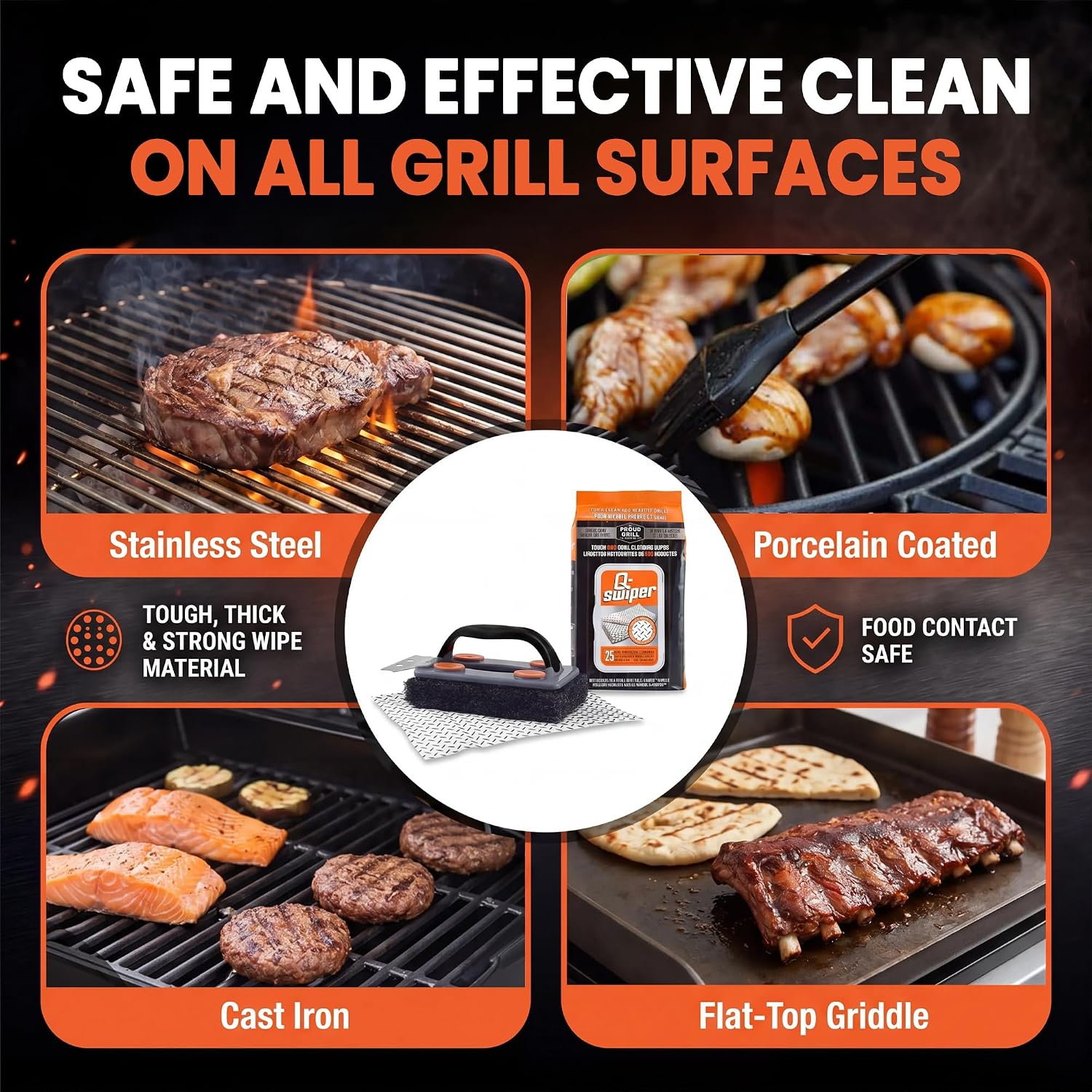 Proud Grill Q-Swiper Easy-Clean Grill Cleaner Set, Grate Cleaning Solution | Set -1 Bristle-Free Brush with Scraper & 25 Moist Cleaning Wipes, Grease & Grime Remover for Outdoor Grilling, Safe on Grills