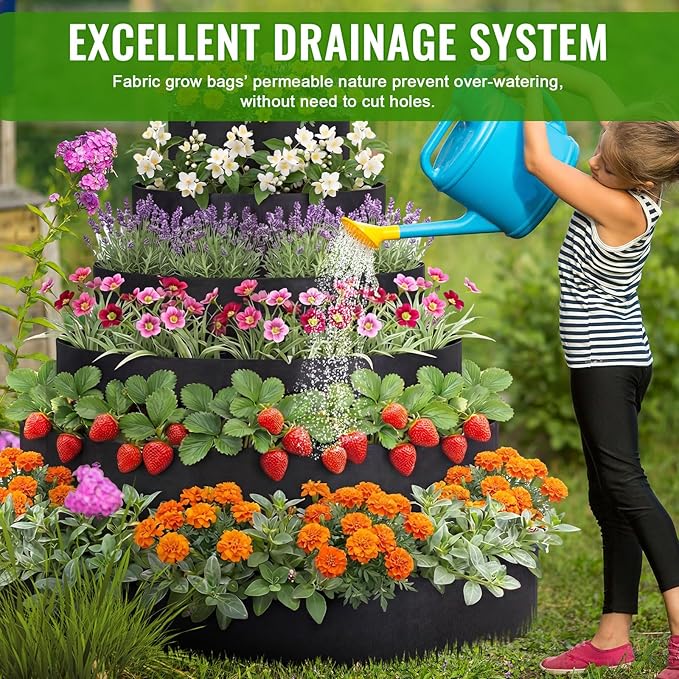 6 Tiered Strawberry Planter for Outdoor Plants, 47 Inch Heavy Duty Strawberry Tower Planter Grow Bags, Breathable Non Woven Fabric Raised Garden Bed for Vegetables Flower Herbs Gardening