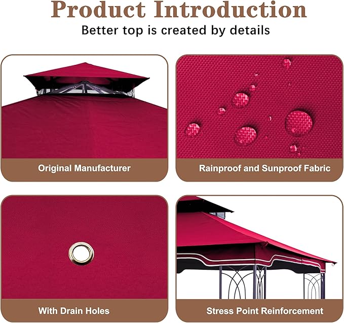 SCOCANOPY Replacement Gazebo Canopy for 10 x 12 Regency II Patio Gazebo Model L-GZ798PST,A101004104,A101004105,(Burgundy)