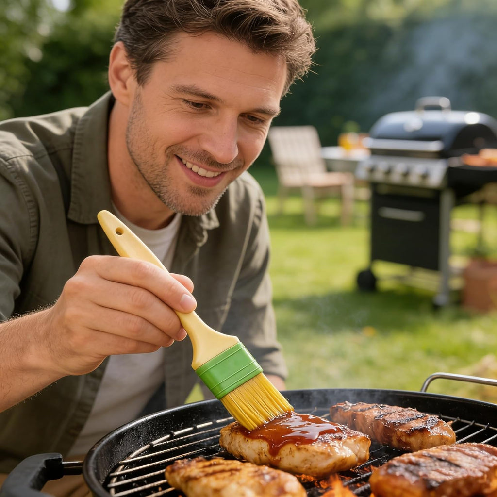 BBQ Grill Brush Set with Wire Scraper and Basting Brushes, 3-Piece, 1 in and 2 in Pastry Brushes for Cooking