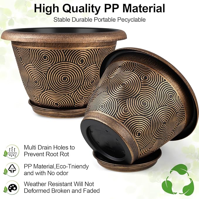 6 Inch Flower Pots Planters for Indoor Outdoor Plants, 6 Pack Plastic Small Plant Pots with Drainage Hole & Tray, Modern Decorative Garden Pot with Saucer, Plant Container for House