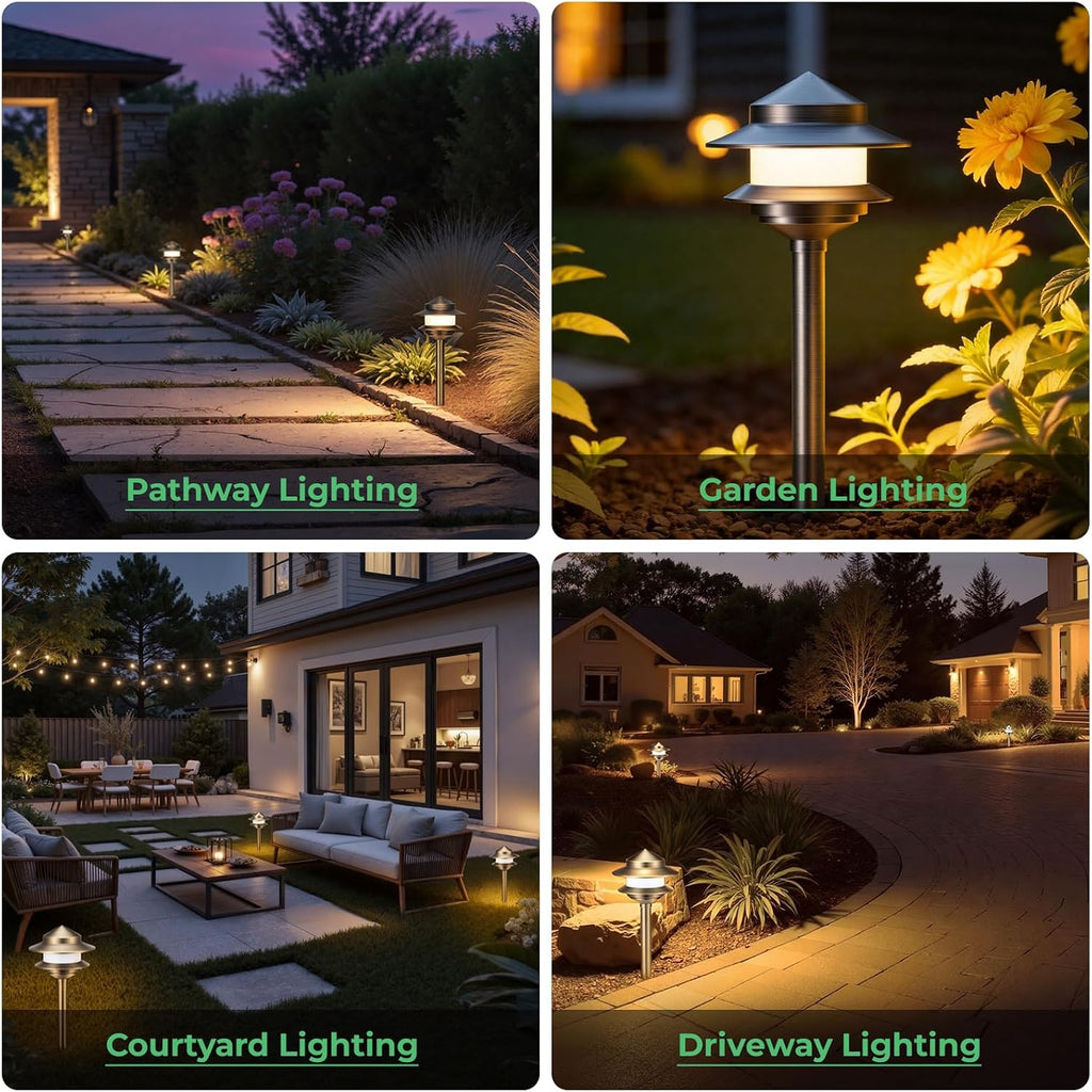 Pagoda Solid Brass Low Voltage Landscape Pathway Lights, 12V LED Heavy Duty Path Lighting Outdoor Wired, Waterproof Antique Bronze Walkway Lights, 4 Pack Without G4 Bulb