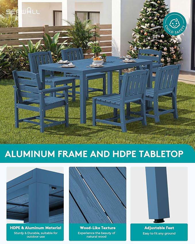 SERWALL 7-Piece Outdoor Dining Set, 60" - 83" Expandable Outdoor Dining Table and 6 HDPE Chairs, All Weather HDPE Outdoor Furniture Set for Backyard, Garden, Blue