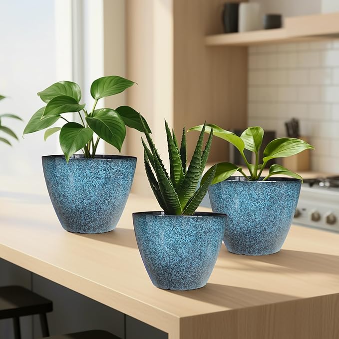 8 inch Plant Pots, Pack of 4 Plastic Planter for Indoor Outdoor Plant with Drainage Holes and Saucers, Flower Pots for Garden Home Decor (Blue, 4pcs)