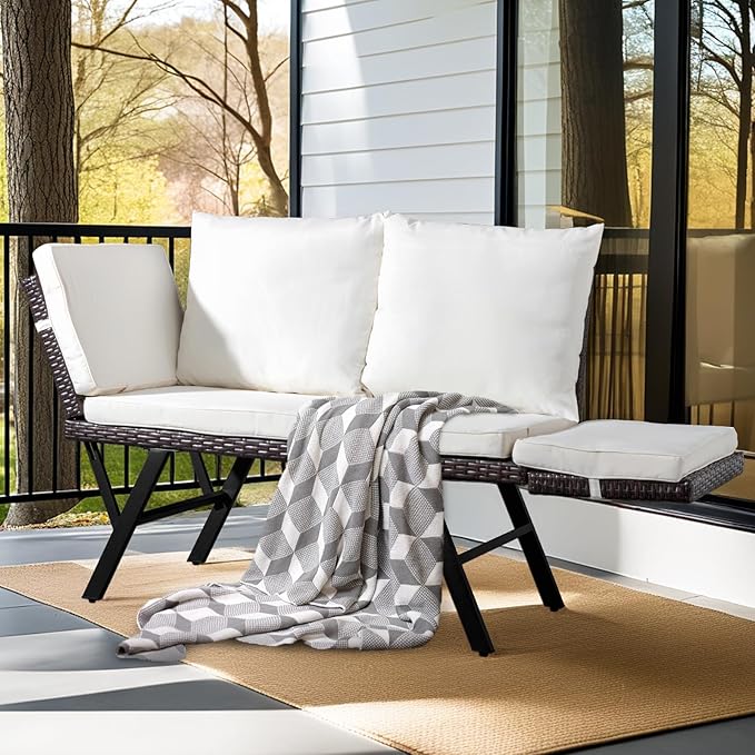 Outvita Outdoor Convertible Couch Sofa Bed, Woven Rattan Patio Furniture Daybed w/Adjustable Armrests, Removable Cushions and Pillows for Porch Pool Balcony