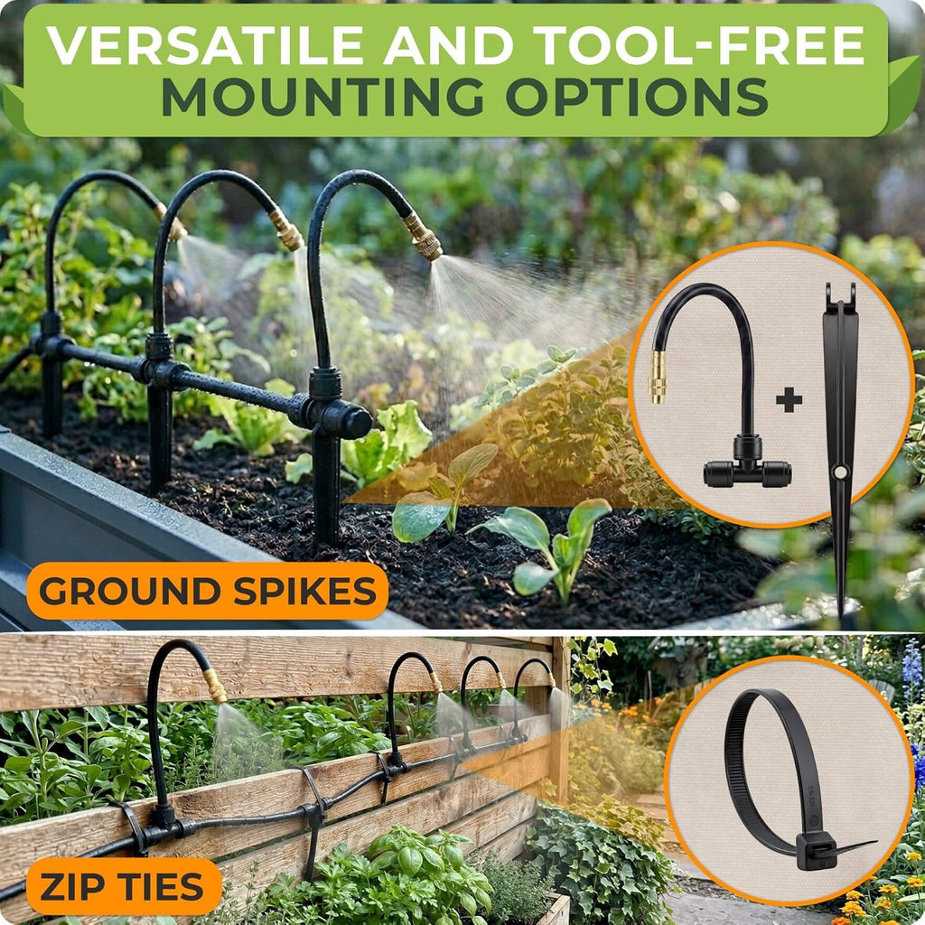 Drip Irrigation System Kit with Atomizing Copper Nozzles, 50 feet | For Raised Beds, Potted Plants or Greenhouse with 16pcs 360° Adjustable Watering Spray Nozzles